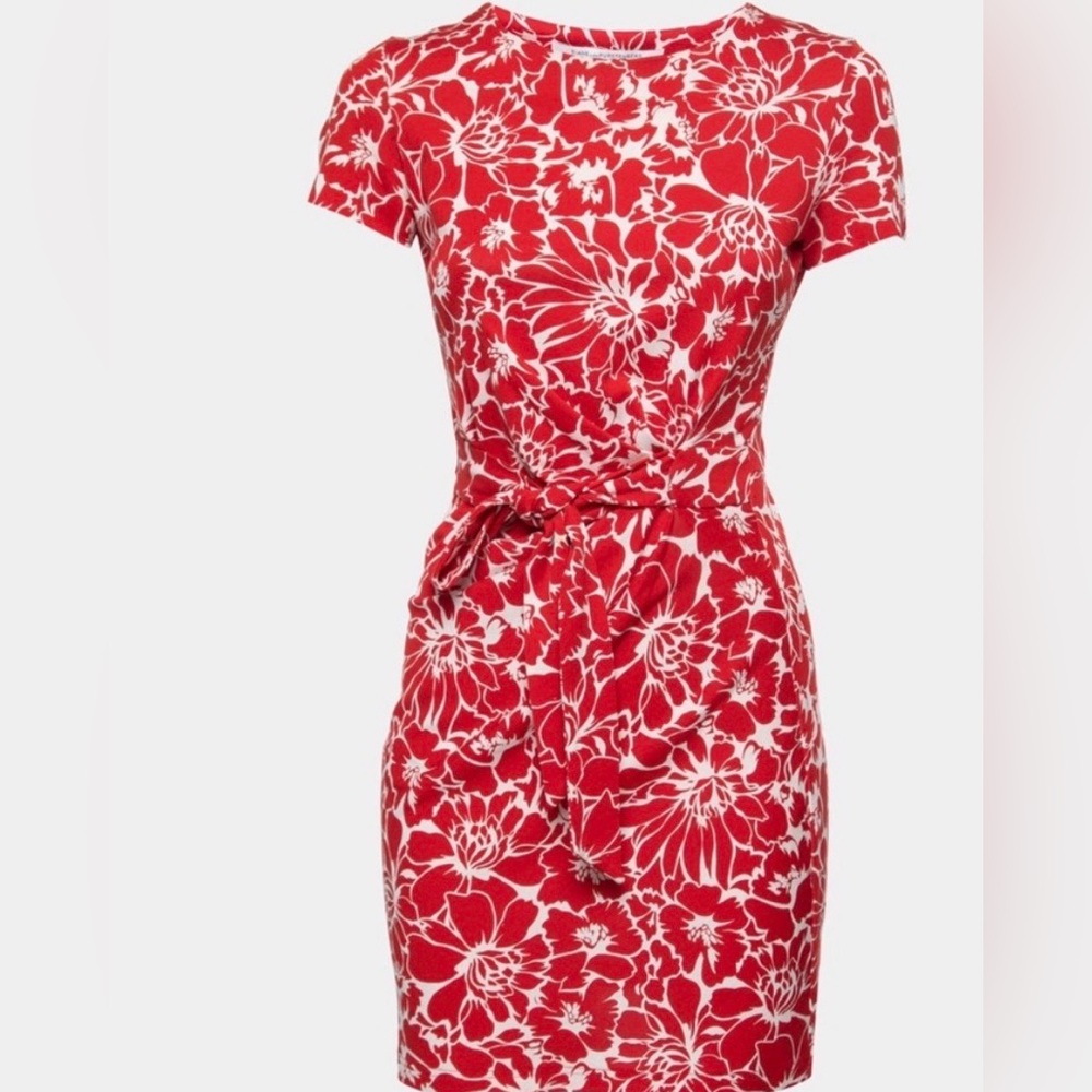Diane Von Furstenberg Red & White Floral Tie-Waist Mini Dress